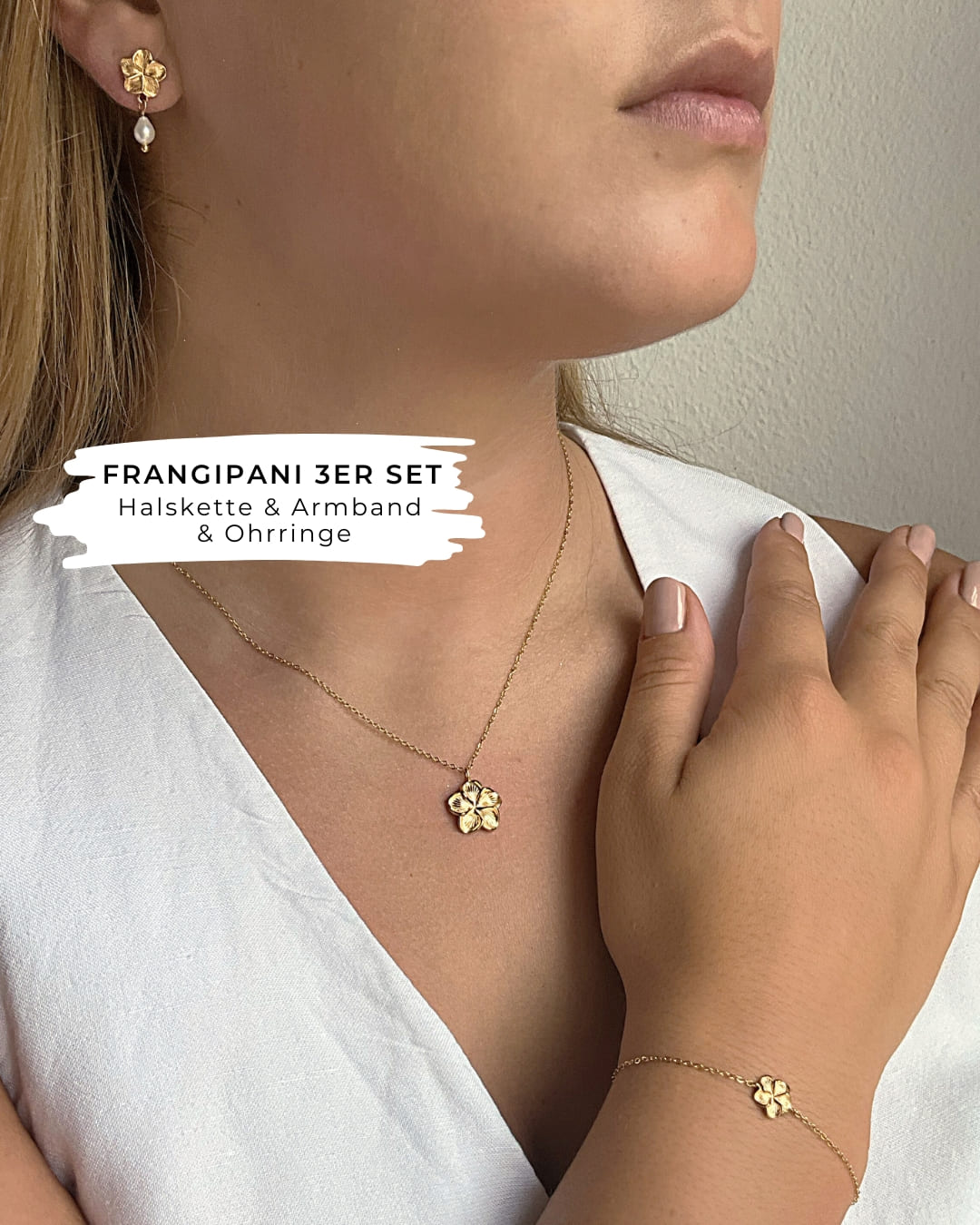 Frangipani 3er Set (Ohrringe, Halskette, Armband)